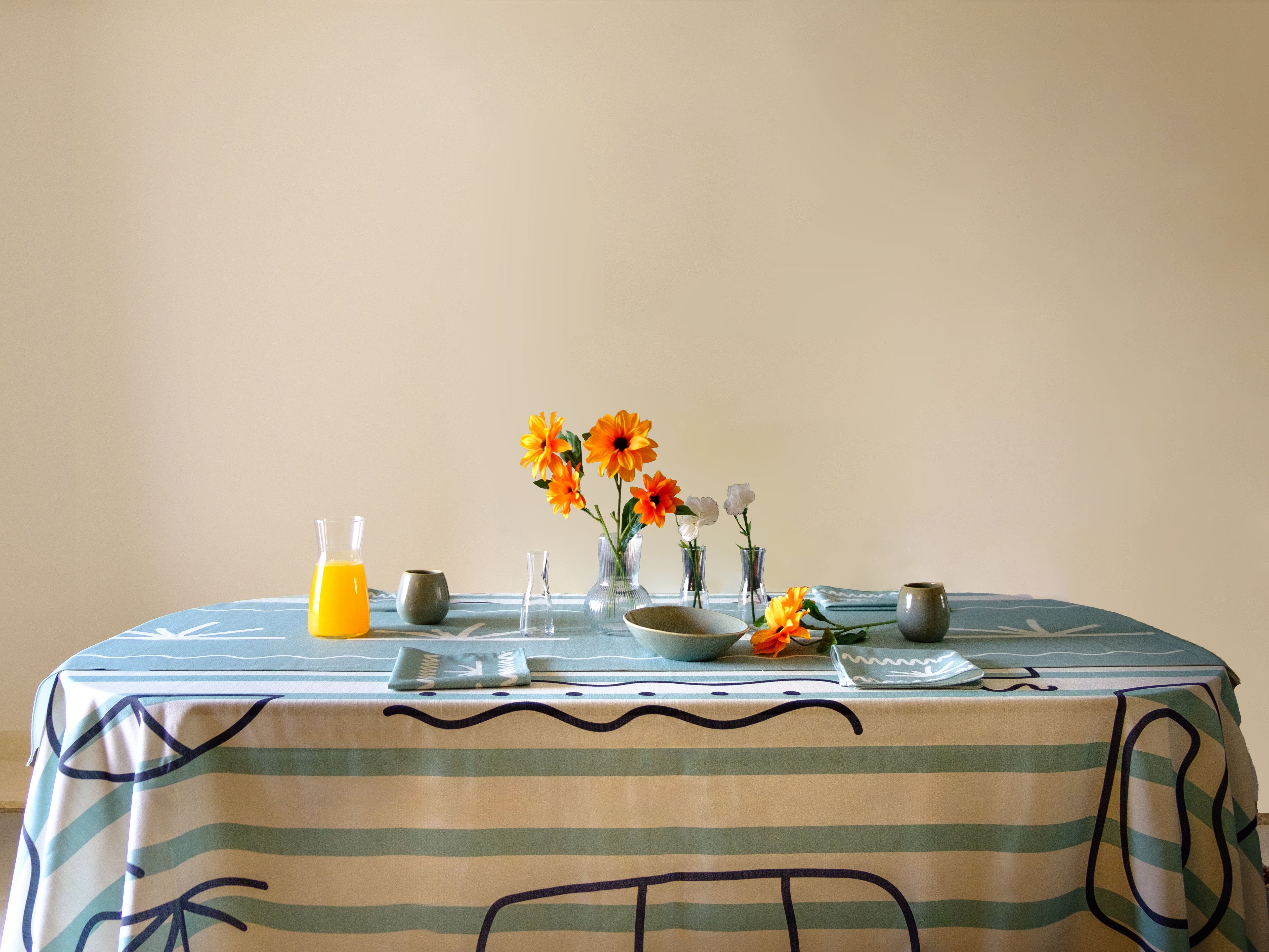 Olea In Mint Set-Table Cloth. Table Runner. Napkins.