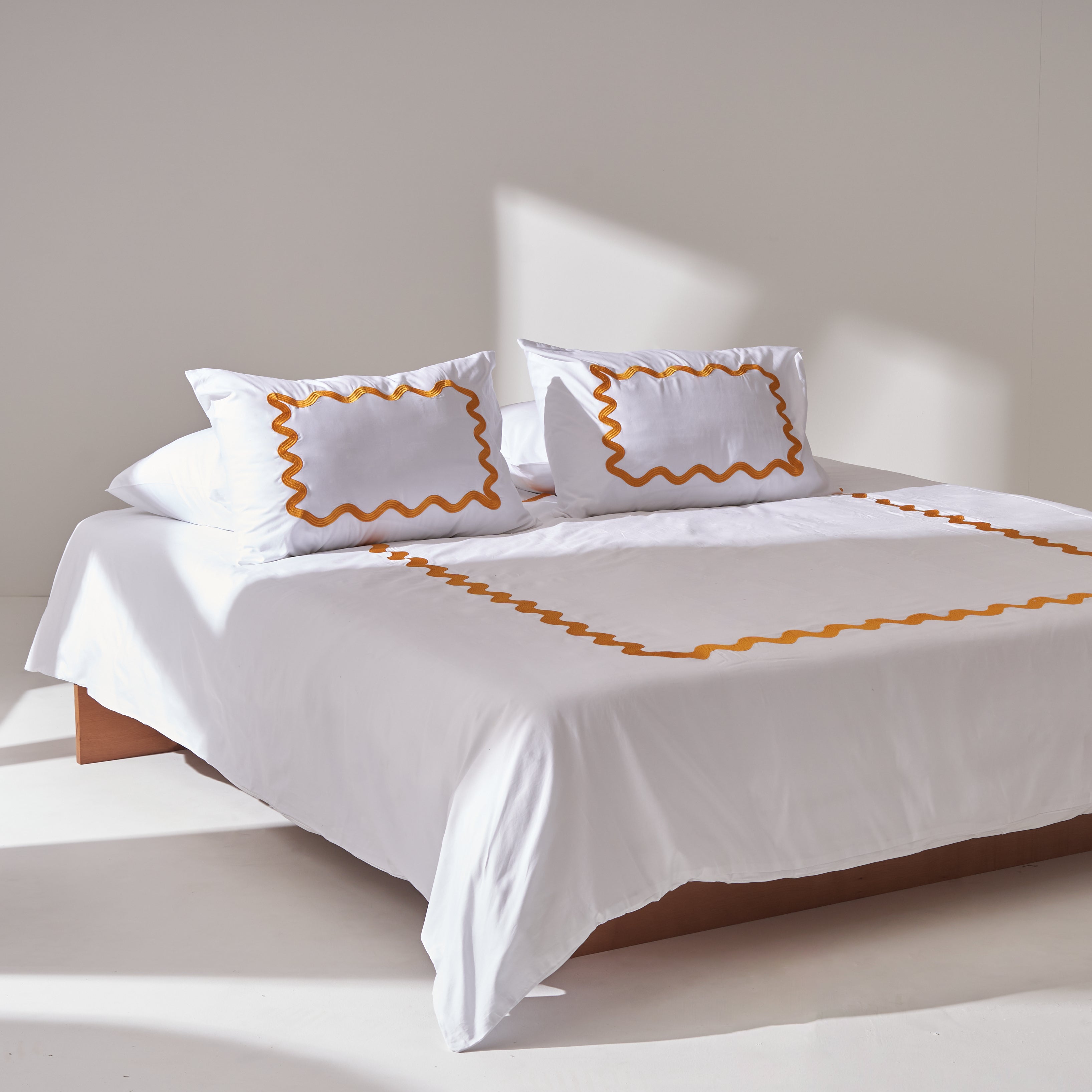 Sateen Zizgag Embroidered Duvet set in Mustard