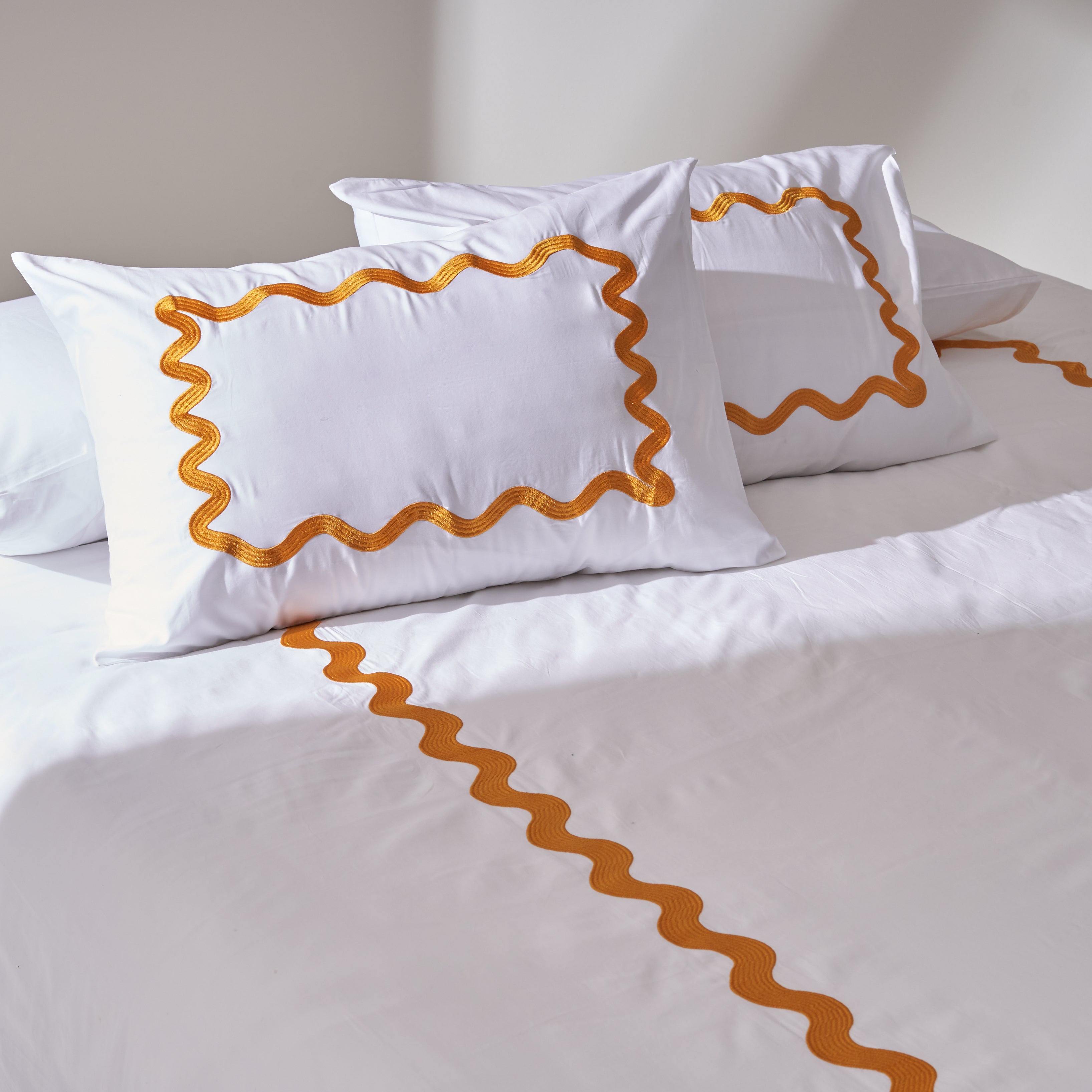 Sateen Zizgag Embroidered Duvet set in Mustard